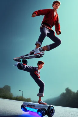 karate kid on hover board, 4k, trending art, weird perspective, realism, spray paint, detailed