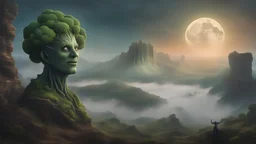 A moon that looks like a happy monster head broccoli above a landscape, a robot in a ragged dress looks up in the distance, fog, and intricate background HDR, 8k, epic colors, fantasy surrealism, in the style of gothoc