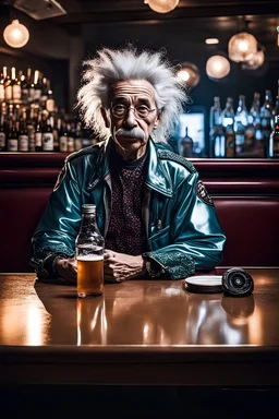 photo of a Albert Einstein dressed Transparent bosozoku outfit sitting at a table in a bar with a bar stools, bottle beer, award winning photography, Elke vogelsang, bosozoku outfit, award winner photo