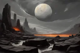 Dark grey sky, planet in the sky, rocks, sci-fi, mountains, ludwig dettman and rodolphe wytsman impressionism paintings