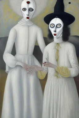 A surreal portrait of a mime painted white in white clothes by artist "Loredana Lollipop" and "Leonora Carrington"