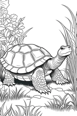 Outline art, no shading, turtle full body in the garden, cartoon style, black and white, low detail, --ar 9:11