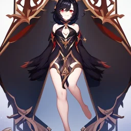 Clear focus,High resolution, black short fluffy hair, long fluffy bangs, and red eyes, Depressed girl, wearing a genshin impact outfit,slight revealing outfit, Smug smile, half closed eyes, smile, full body, Extreme close up, smiling, eyes close