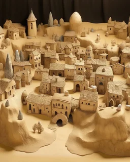 A tan town made out of stones designed in cave paintings painted by Bosch