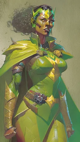 A tall woman with tanned skin. Her face, marked by the years, always has a smirk on it, showing her superiority in the eyes of the others. She is dressed in leather armor and wears a yellow and green cape. A scar runs from her right ear to her neck.