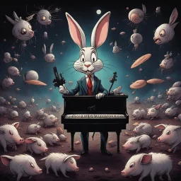 dark colours bugs bunny being a composer piano violin and is surrounded by swarm pig pig swinewasp swine pigpen pigsty on an diffrent planet cosmos lovecraft