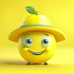 A lemon has eyes, legs, nose, and mouth, and it is smiling, cute, and beautiful, wearing a hat.