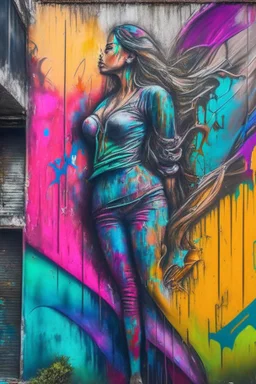 graffiti art on the back side of an abandoned building portraying a female super model posing confidently, 8k, highly detailed, centered, epic composition, graffiti art, splash art, street art, spray paint, oil gouache melting, acrylic, high contrast, colorful polychromatic, ultra detailed, ultra quality, CGSociety