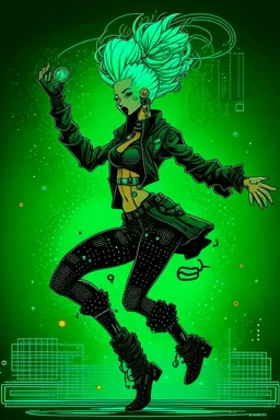 Create a whimsical dancing cyberpunk girl in the vector graphic style of Seb Nirak1