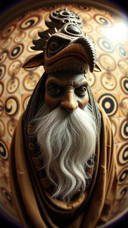 fish eye lense, pin hole cam, master oil painting by Rembrandt, realistic rendering Portrait of the Apkallu sage who were sent by the god Ea to teach civilization to humanity before the flood. They were depicted as half-human and half-fish or bird, and were associated with wisdom, magic, and culture. blurred tile yin yang pattern background, brightened edges to give a sense of depth