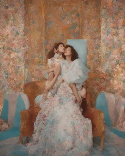 Masterpiece, fine art, award winning, "like Gustav Klimt : the Kiss in a chair" 2 w, RAW photo, eye candy in the style of (petra collins::Robin Eley:1.5), (Suhaila Ben Lachhab::Heidi Moussa:1.5) in breathtaking cinematic shot (full body shot, from below angle) that emphasizes the stunning cheek bones, texturized black hair,(big detailed eyes:1.5) (cottagecore aesthetic:5) with extreme sensuality, Irresistible with (porcelain skin:4.8), sitting on an old chair, retro vintage style