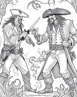 Pirates of the Caribbean: Dueling Pirates Coloring Challenge: Create an action-packed coloring page inspired by the Pirates of the Caribbean movie, featuring a dramatic scene with two pirates engaged in a thrilling sword duel. Capture the intensity of the battle with dynamic poses and expressions, providing ample space for young artists to color the characters and their surroundings in black and white. This coloring challenge invites kids to infuse their creativity into the high-stakes world of