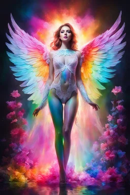 Gorgeous Photography Beautiful Woman as Angel with clothing abstracts flowers latex dressing painting art neons rainbow colors glowing in the dark and colorful details, light leaks boleh colors