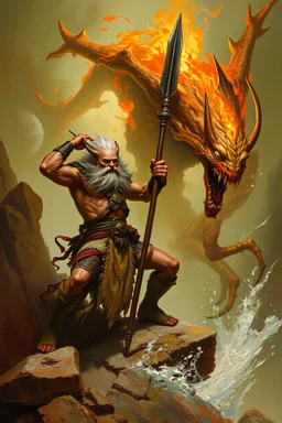 A worrier holding a spear fighting with a creature from another world, Busch painting style