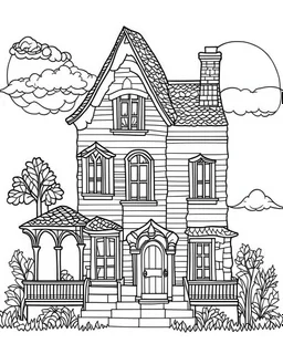 outline art for halloween coloring pages for kids with haunted house , white background, Sketch style, full body, only use outline, clean line art, white background, no shadows and clear and well outlined, coloring page for kids,