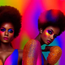 full body shot, masterpiece, best quality, family of three, dark skinned, sparkling eyes, fluorescent skin, colorful makeup, afro, highly detailed body, sun light, 4K, RAW, depth of field, high contrast, realistic details, 24mm