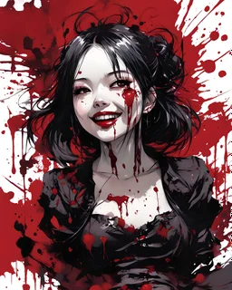 Petit girl goth smiling, lying pose, fullbody, behind blood guts rising from the ground, illustration by <Yoji Shinkawa>, behind paint splashes darkred tones,