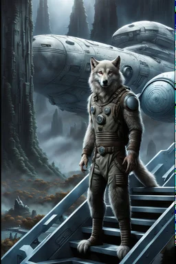 front an anthropomorphic big hairy wolf-man standing on spaceship's ramp on alien land and looking at the camera, around big white-blue fog and the spaceship's ruins . His gaze is directed towards the rain-soaked landscape, which is filled with towering trees with massive trunks. In background back him the spaceship and big fog. The atmosphere is a seamless blend of sci-fi and dark fantasy mood