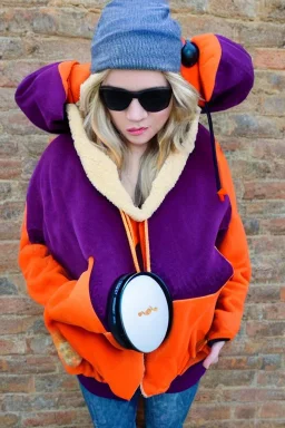 blonde taking selfie.thick thighs,thick calves,flat belly,curvy fell. big head. Mantle is sewed of upcycled Denim and sewed together of camouflage pieces. Pieces' color are orange, cream and purple. It is with big bright purple felt tippet and birght-colored-hood is merged with colorful beanie. Big colored headphones (gold rings!) is merged with small felt cap with small visor. Style: Haute Couture in 1950's Brazil, N.Y.C fashion in 2023