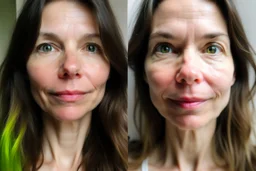 A selfie of a brunette woman, middle long hair, showing a 39-year-old European woman. She has white skin, tousled brown hair, face without makeup, big round dark brown eyes, cute nose, detailed full lips, skin texture. Split screen and show the same face but without wrinkels and younger .