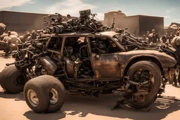 extrem realistische filmszene: aus Schrott und anderen Teilen zusammengebautes Fahrzeug im MAD Max style mit fahrer. bewaffnet. Canon EOS 5D Mark