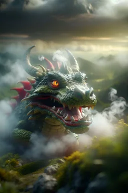 portrait of dragon vaping laughing blowing some smoke rings at mountain top with huge transparent egg with baby dragon in it, storm brewing,shot on Hasselblad h6d-400c, zeiss prime lens, bokeh like f/0.8, tilt-shift lens 8k, high detail, smooth render, down-light, unreal engine, prize winning