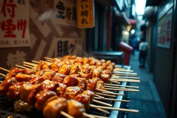 In a tight alleyway of Toyko, a close up of a line up of hot steaming teriyaki meat kabobs on a grill, intricate detail, delicious, tempting, Global Street Foods, Cinematic film still, shot on v-raptor XL, vignette, color graded, post-processed, cinematic lighting, 35mm film, live-action, best quality, atmospheric, a masterpiece, epic, stunning, dramatic, Japanese aesthetic, Japanese letters