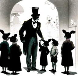 A magician stands in front of a group of children who sit in front of him on a mat on the floor and pulls out a rabbit from a top hat, the children look open-mouthed and wide-eyed and clap their hands, in the background a parrot stands on a pole and observes what is happening