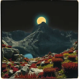 Sublime foto close-up polaroid ad alta definizione di una montagna rocciosa, un lago, surreale, colors, cityscape scifi, collage art, dadaism, sublime, splimapys nero, cielo nero, acqua nera riflette un sole nero, macabre piante circondano il lago, alghe, hypermaximalist, Max Ernst style, strangeness, intricate, hypnotic, obsessive, 8k, deep 3d field, very accentuated details of the rocks and shtn, eerie, artistic photo, shot on Hasselblad, large format film, medium format film