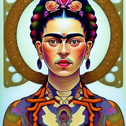 A beautiful portrait of Frida Kahlo, alphonse mucha, grain on the skin, tribal tatoos, high key lighting, volumetric light high details, full length clean art NFT, soft lighting, soft pastel gradients, high definition, blender 3d cinematic, op art, visionary art, sacred geometry, fractal, white balanced, lot's of grain on her skin, lot's of details in the background