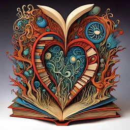 Surreal book art, love of books, ultra weirdcore, surreal wood carving by Jason Limon, silkscreened mind-bending illustration; expansive, dramatic, rich primary colors, open book element, quirky