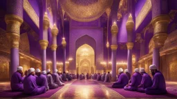 Hyper Realistic Photographic-View of lots of Muslim-Men praying inside a Massively-Huge-Beautifully-Crafted-Purple-&-Golden Wall-Mosque with detailed-pillars & Garland-Light-Decorations-&-Lamps with dramatic-&-Cinematic-Ambiance at night.