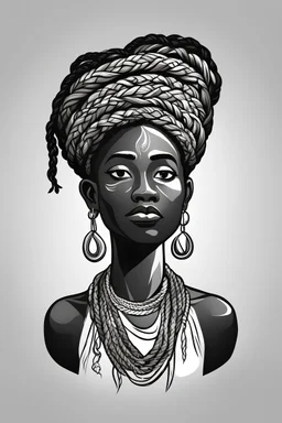 minimalist black and white icon of a Caribbean griot with intricate braided hair in storytelling pose