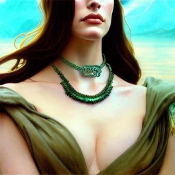 Epic Drawing of a Photorealistic dramatic hyperrealistic Liv Tyler,Crystal green eyes , elegant, with emerarld necklace, by WLOP, Artgerm ,Greg Rutkowski, Alphonse Mucha, Sandro Boticcelli, Gustav Klimt ,Beautiful ,busty, dynamic,shadows,Artstation,concept design art,Octane render,8K