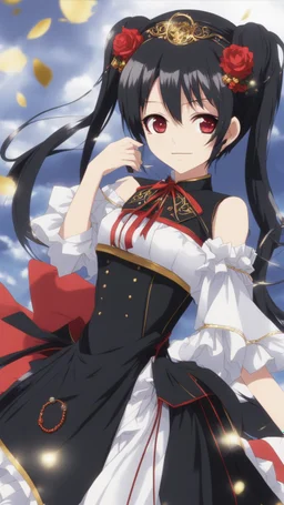 Tokisaki Kurumi appears to be elegant and has very polite manners, ivory skin and long, evil smile, crazy smile, black hair usually tied in long twin tails, deferent Eyes colors, right eye is red-tinted color, left eye appears as a golden color, inorganic clock face, a girl with astonishing beauty, wearing her astral black and red dress 'Elohim', left golden eye, intricate details, highly detailed, date a live anime art style