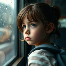 subtle emotion, close up of a contemplative little girl wearing a backpack on a school bus with a glum look on her face staring out a rain-streaked window, reflective