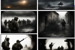 Masterpiece1:5)(Fineart), (award-winning:1.5), highest quality, (ultra realism:1.5) war journalism(,(by Tim Page and Hoorst Faas:1.5))(photorealistic:1.8),(Eastern Ukraine:(panel one:the moment after a battle ends, horrors of war, wounded men),(2nd panel, cinematic shot of men sitting in trench with 1000 yard stare (focus on their eyes:1.5)),(the third panel shows troops tired but hyper alert), (the fourth panel shows the sky is filled with incessant, fire and smoke,)