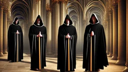 Black robed, hooded monks in the church