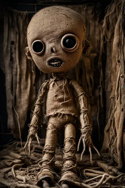 creepy sad burlap doll, body made of dirty, holey burlap, burlap has a big head, one eye is hanging by a thread and there are stitches on the body and head. very thin with two arms and two legs, sitting in the corner of his dirty room in a dilapidated house, dimly lit, detailed, thriller, creepy stunning