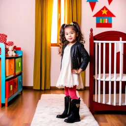 a 4 years old azeri girl in modern clothing and makeup standing pose with cute and joy with pertty boots in a baby bedroom