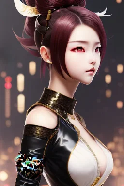 Detailed cute anime Kunoichi girl with dragon tail, deep red hair buns, bangs, black latex bodysuit, intricate details, full body portrait, keep head in frame, slight smile, black Japanese motif, concept art, highly detailed, digital painting, concept art, sharp focus, illustration, art by Yoji Shinkawa, WLOP and greg rutkowski and alphonse mucha and artgerm and yanjun Chen and Junji ito and Makoto Shinkai, HDR, octane render