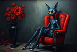 The dark psichotic painting depicts a surrealist scene with a central figure of an elongated, black cat-like creature with human features. This figure has big head bright yellow eyes, long whiskers, sleek body with two long legs ending in shiny silver heels, sitting in a red color armchair wit black goth patterns. On the left, a black-silver vase holds circular, eye-like flowers in orange and dark red. random backgrond, crepy, surreal vibe