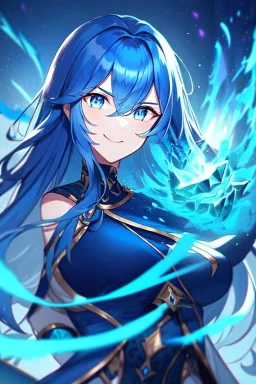 girl, masterpiece, best quality, cinematic lighting, detailed outfit, vibrant colors, perfect eyes, blue hair, long hair, blue eyes, blue fire magic, smile, angry,