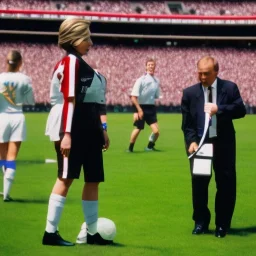 Hillary Clinton in a referee jersey officiating for a soccer match at Wembley Stadium