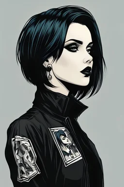 Side profile goth girl in comic book stile, beautiful. With short hair