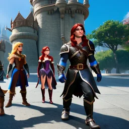 Three young teenagers with red hair, outside city guild hall, magic, spellcasting, leather armor,fantasy adventure, photorealistic, pristine,