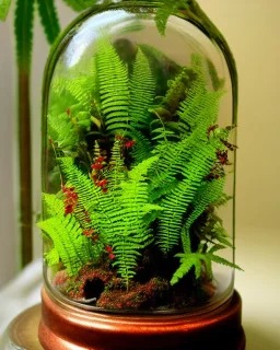 lush fern rainforest in a bell jar, rainforest, warm colors, warm lighting, linen backdrop