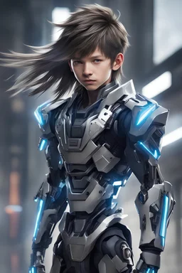 A boy with long hair wearing cyber robotic ninja suit with verity of blades