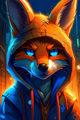 animee style: Cyberpunk fox in futuristic hoodie in Zootopia style, (looking at camera:16), blue eyes, fantasycore masterpiece, best quality, background detailed, vivid colors, sunset, close up portrait, blurred background, golden ratio, fake detail, trending pixiv fanbox, acrylic palette knife, style of makoto shinkai studio ghibli genshin impact james gilleard greg rutkowski chiho aoshima