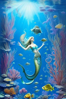 underwater scene, a mermaid with shimmering tail, beautiful colors, octopus, fish, very fine detail, high quality, mystical, romanticism, intricate, Neo-Impressionism,